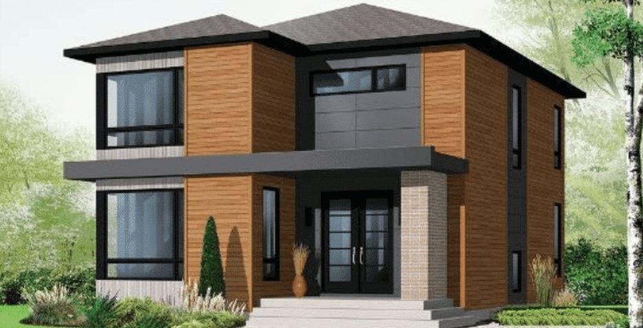 Architectural rendering of a modern two-storey home in wood and charcoal, surrounded by trees