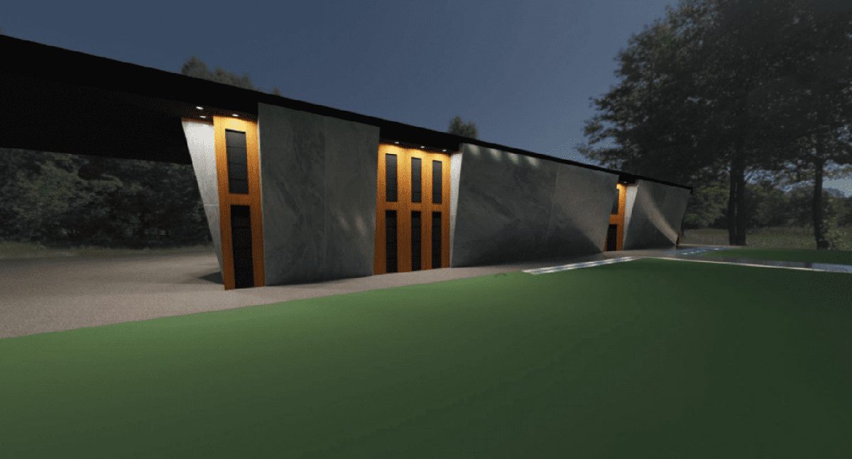 Night rendering of a low industrial building with a sloped roof and lit façades