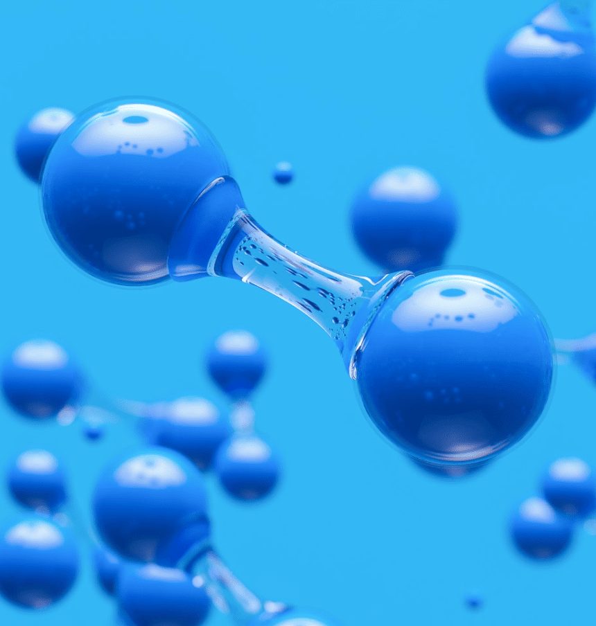 Molécule d'hydrogène représentée par deux sphères bleues reliées, entourée d'autres molécules